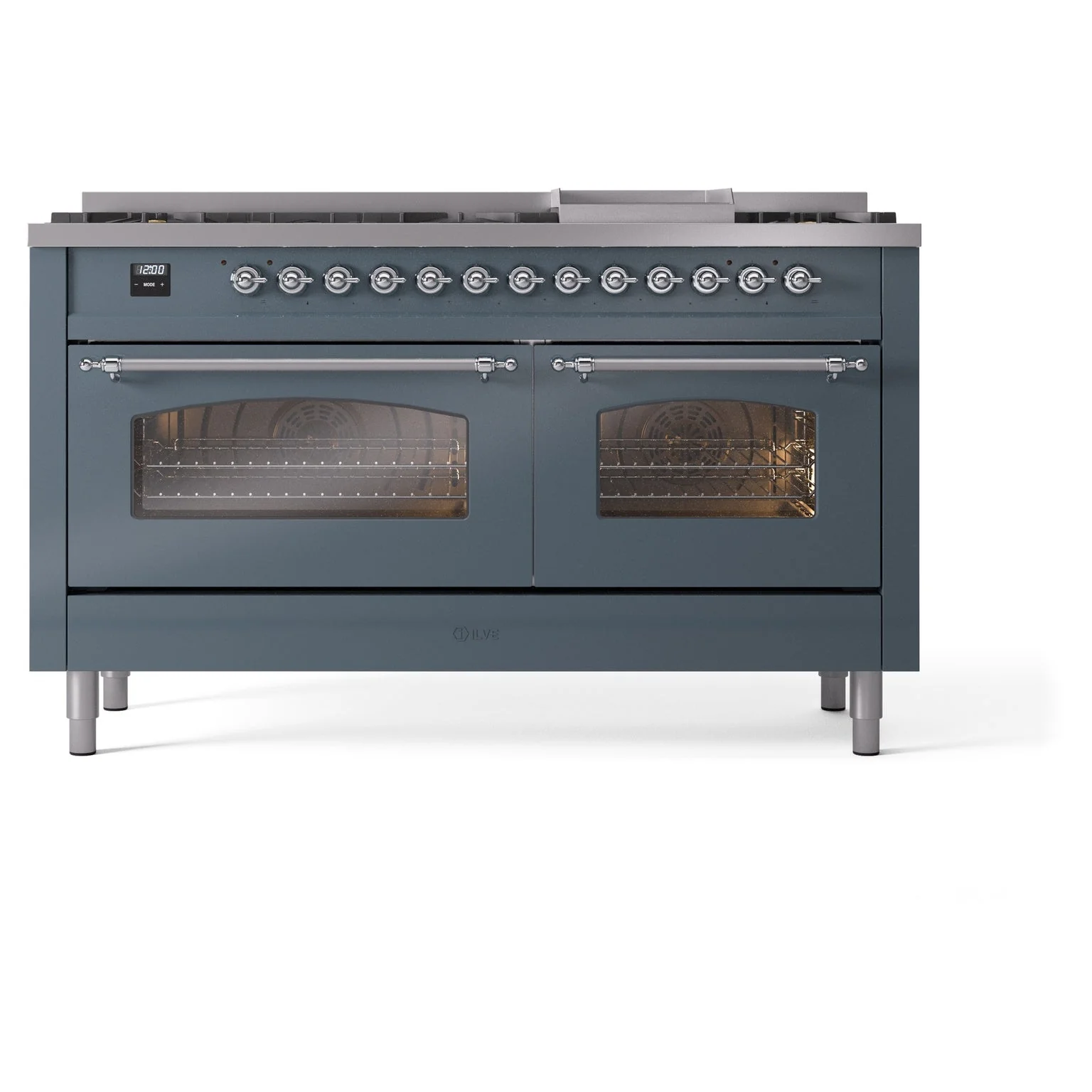 ILVE Nostalgie II 60-Inch Freestanding Natural Gas Dual Fuel Range in Blue Grey with Chrome Trim (UP60FNMPBGC) - Image 2