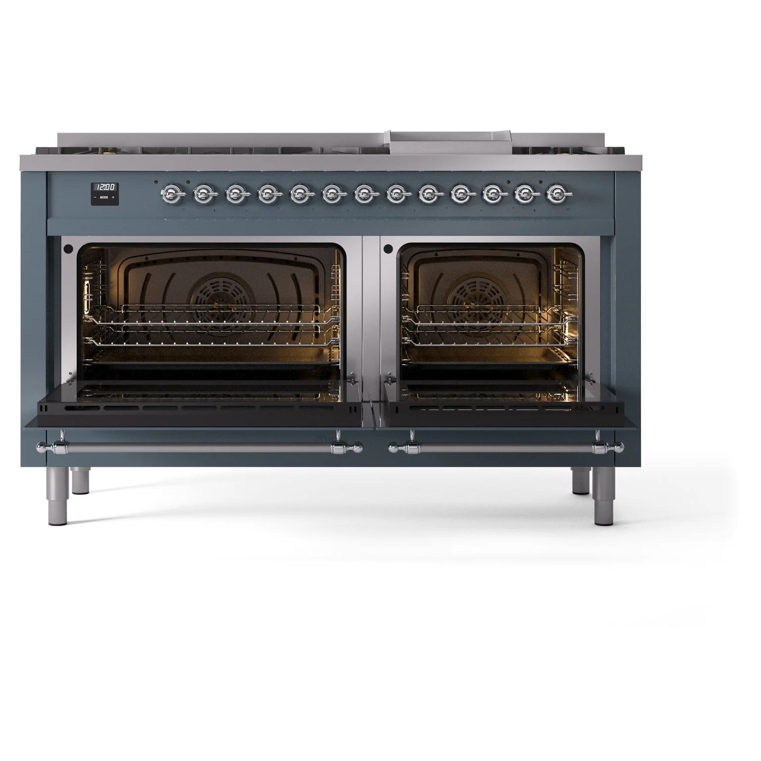 ILVE Nostalgie II 60-Inch Freestanding Natural Gas Dual Fuel Range in Blue Grey with Chrome Trim (UP60FNMPBGC) - Image 5