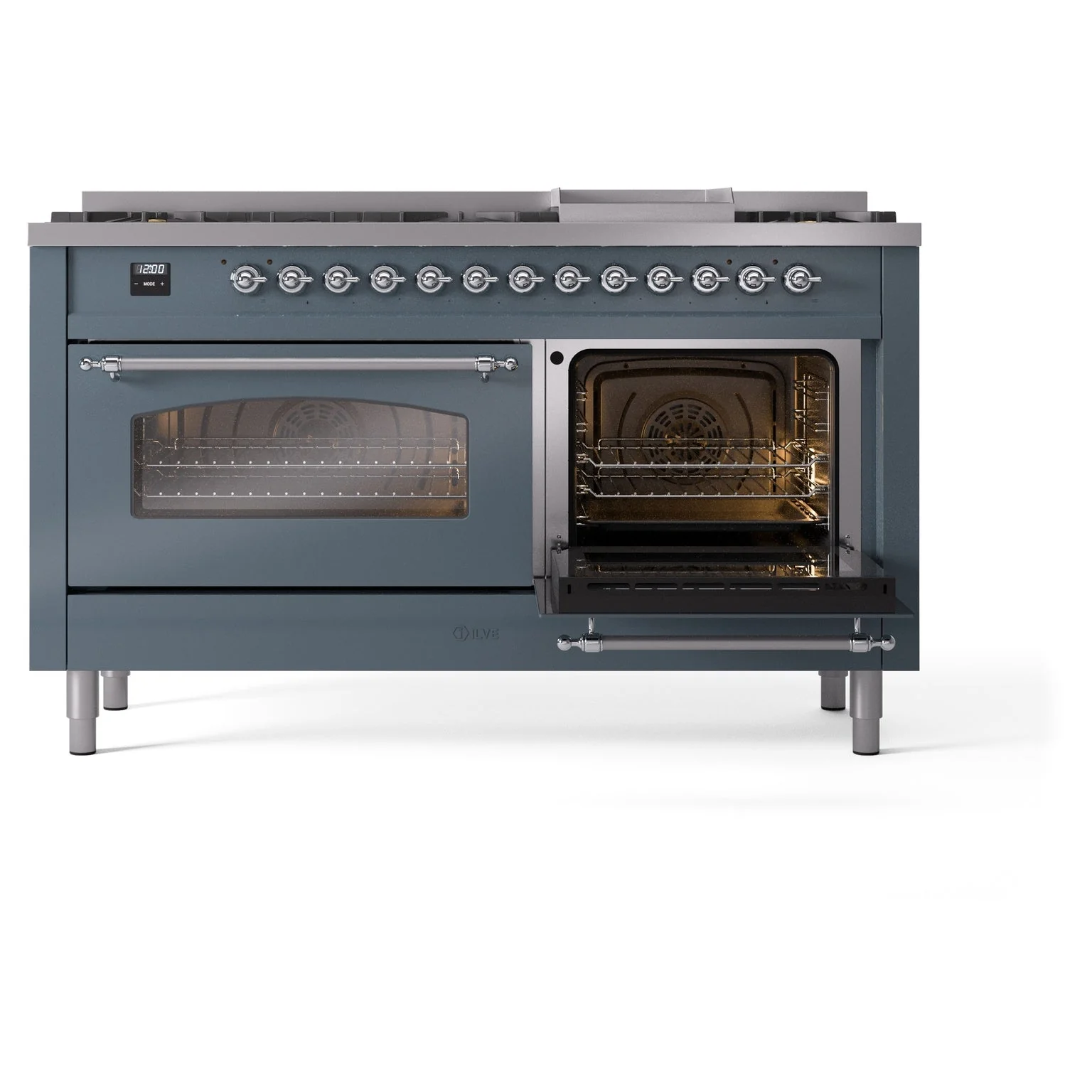 ILVE Nostalgie II 60-Inch Freestanding Natural Gas Dual Fuel Range in Blue Grey with Chrome Trim (UP60FNMPBGC) - Image 7