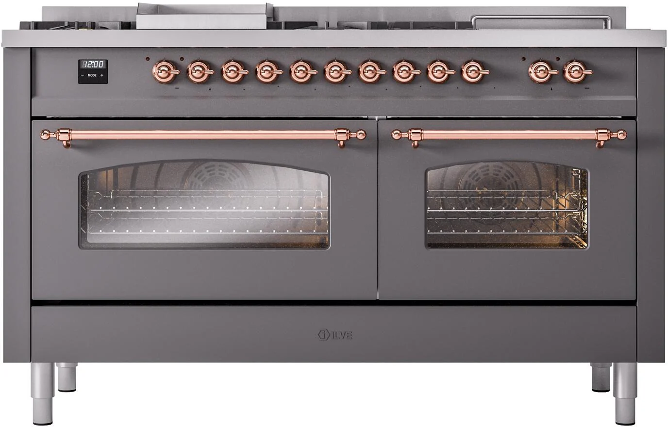ILVE Nostalgie II 60-Inch Natural Gas Dual Fuel Range with 7 Burners, Griddle, & French Top with Triple Glass Door Oven in Matte Graphite with Copper Trim (UP60FSNMPMGP) - Image 2