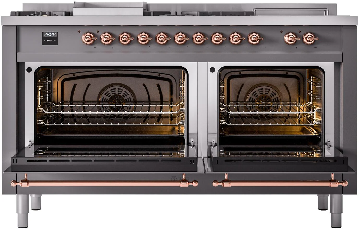 ILVE Nostalgie II 60-Inch Natural Gas Dual Fuel Range with 7 Burners, Griddle, & French Top with Triple Glass Door Oven in Matte Graphite with Copper Trim (UP60FSNMPMGP) - Image 3