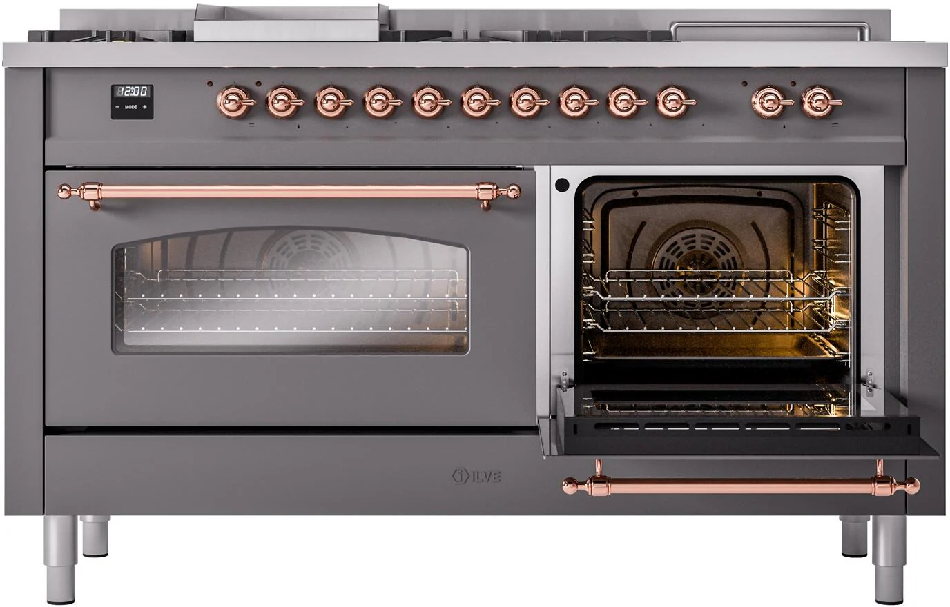ILVE Nostalgie II 60-Inch Natural Gas Dual Fuel Range with 7 Burners, Griddle, & French Top with Triple Glass Door Oven in Matte Graphite with Copper Trim (UP60FSNMPMGP) - Image 4