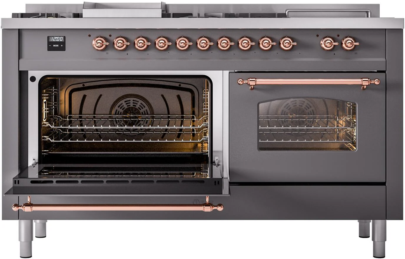 ILVE Nostalgie II 60-Inch Natural Gas Dual Fuel Range with 7 Burners, Griddle, & French Top with Triple Glass Door Oven in Matte Graphite with Copper Trim (UP60FSNMPMGP) - Image 5