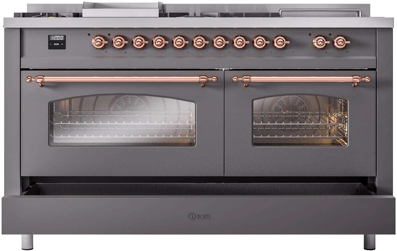 ILVE Nostalgie II 60-Inch Natural Gas Dual Fuel Range with 7 Burners, Griddle, & French Top with Triple Glass Door Oven in Matte Graphite with Copper Trim (UP60FSNMPMGP) - Image 6