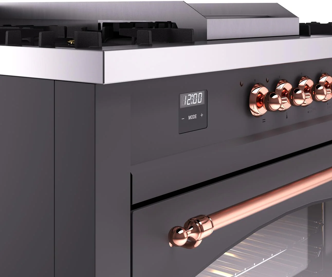 ILVE Nostalgie II 60-Inch Natural Gas Dual Fuel Range with 7 Burners, Griddle, & French Top with Triple Glass Door Oven in Matte Graphite with Copper Trim (UP60FSNMPMGP) - Image 7