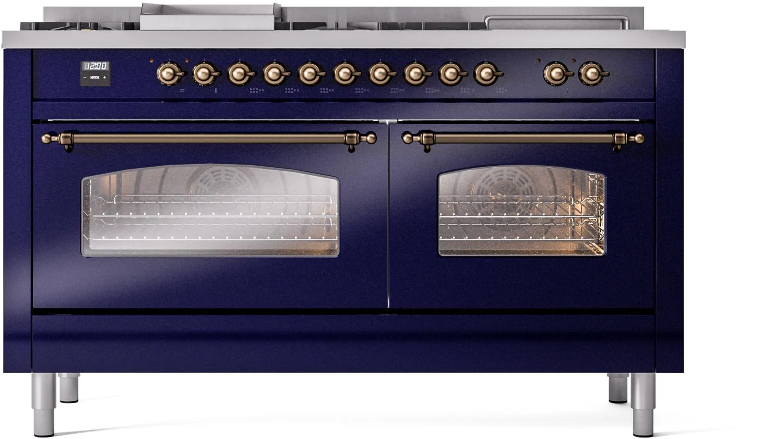 ILVE Nostalgie II 60-Inch Natural Gas Dual Fuel Range with 7 Burners, Griddle, & French Top with Triple Glass Door Oven in Midnight Blue with Bronze Trim (UP60FSNMPMBB) - Image 2