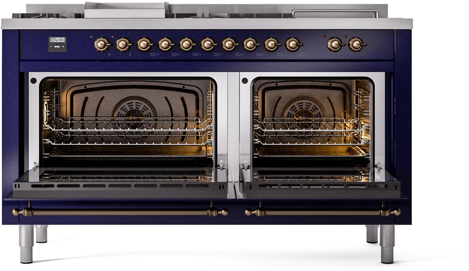ILVE Nostalgie II 60-Inch Natural Gas Dual Fuel Range with 7 Burners, Griddle, & French Top with Triple Glass Door Oven in Midnight Blue with Bronze Trim (UP60FSNMPMBB) - Image 3
