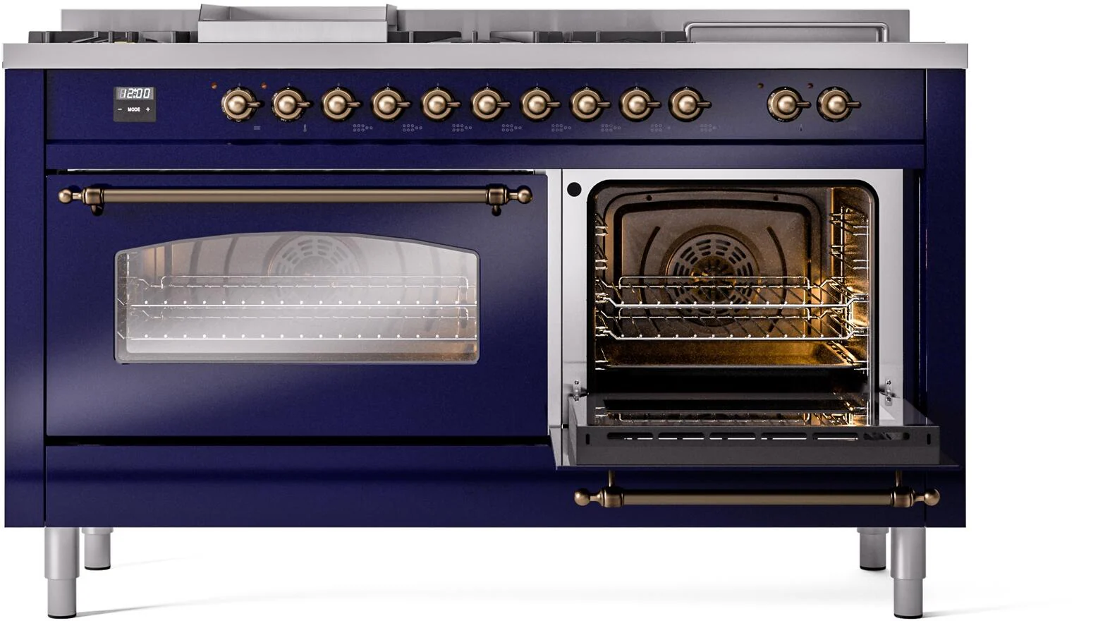 ILVE Nostalgie II 60-Inch Natural Gas Dual Fuel Range with 7 Burners, Griddle, & French Top with Triple Glass Door Oven in Midnight Blue with Bronze Trim (UP60FSNMPMBB) - Image 4