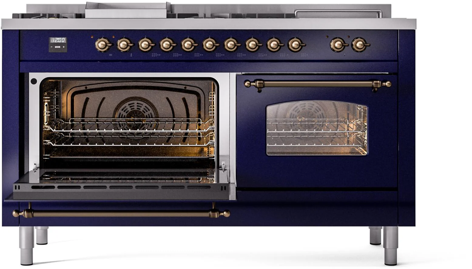 ILVE Nostalgie II 60-Inch Natural Gas Dual Fuel Range with 7 Burners, Griddle, & French Top with Triple Glass Door Oven in Midnight Blue with Bronze Trim (UP60FSNMPMBB) - Image 5