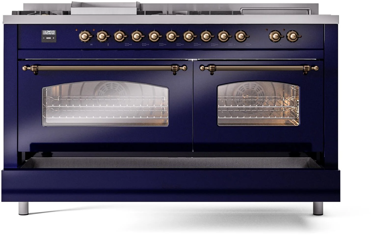 ILVE Nostalgie II 60-Inch Natural Gas Dual Fuel Range with 7 Burners, Griddle, & French Top with Triple Glass Door Oven in Midnight Blue with Bronze Trim (UP60FSNMPMBB) - Image 6