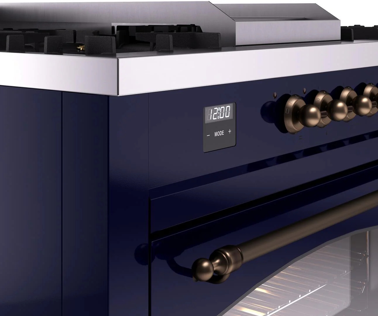 ILVE Nostalgie II 60-Inch Natural Gas Dual Fuel Range with 7 Burners, Griddle, & French Top with Triple Glass Door Oven in Midnight Blue with Bronze Trim (UP60FSNMPMBB) - Image 7