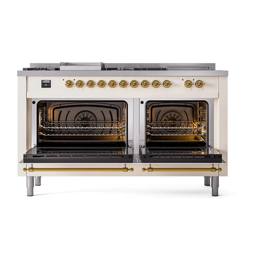ILVE Nostalgie II 60-Inch Natural Gas Dual Fuel Range with 7 Burners, Griddle, & French Top with Solid Door Oven in Antique White with Brass Trim (UP60FSQNMPAWG) - Image 2