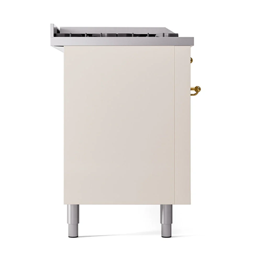 ILVE Nostalgie II 60-Inch Natural Gas Dual Fuel Range with 7 Burners, Griddle, & French Top with Solid Door Oven in Antique White with Brass Trim (UP60FSQNMPAWG) - Image 4