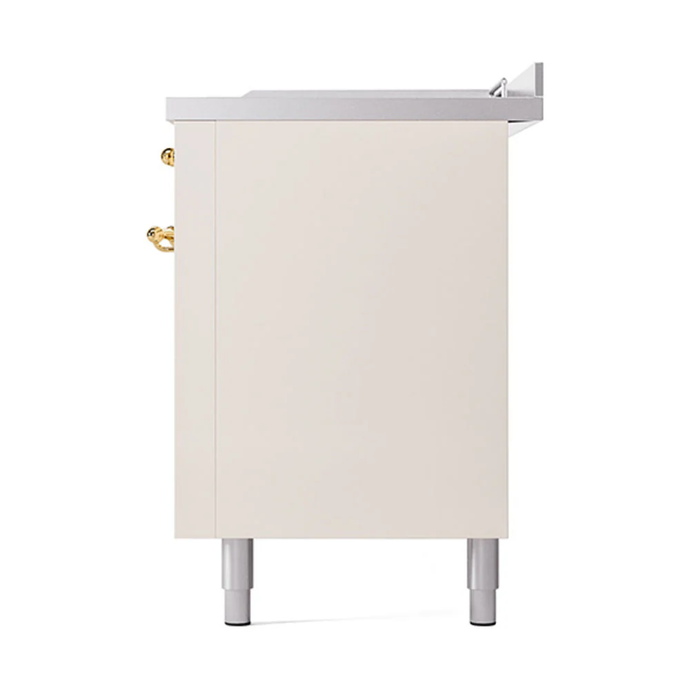 ILVE Nostalgie II 60-Inch Natural Gas Dual Fuel Range with 7 Burners, Griddle, & French Top with Solid Door Oven in Antique White with Brass Trim (UP60FSQNMPAWG) - Image 5