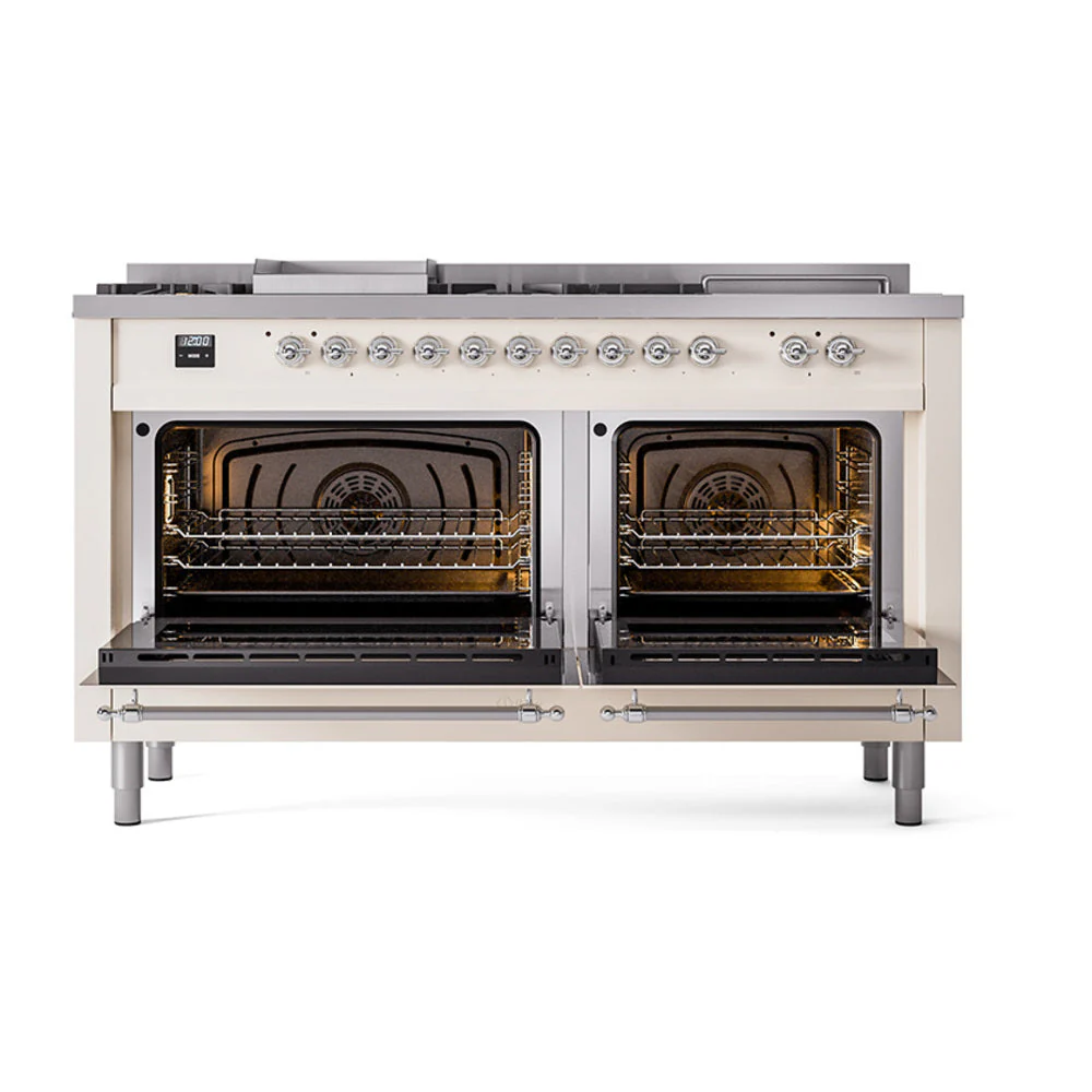 ILVE Nostalgie II 60-Inch Natural Gas Dual Fuel Range with 7 Burners, Griddle, & French Top with Solid Door Oven in Antique White with Chrome Trim (UP60FSQNMPAWC) - Image 2