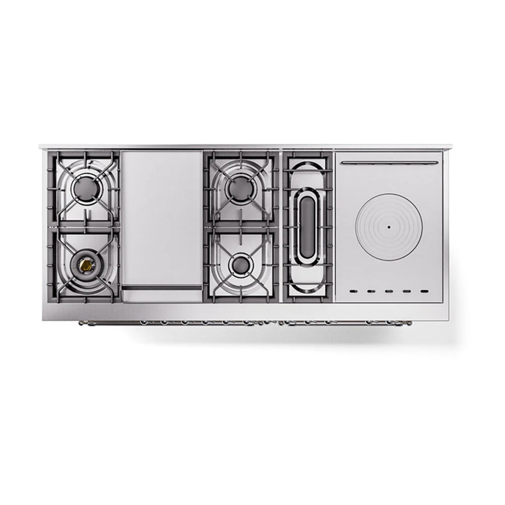 ILVE Nostalgie II 60-Inch Natural Gas Dual Fuel Range with 7 Burners, Griddle, & French Top with Solid Door Oven in Antique White with Chrome Trim (UP60FSQNMPAWC) - Image 3