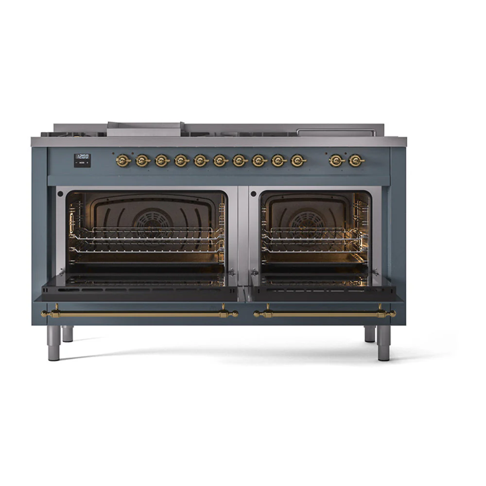 ILVE Nostalgie II 60-Inch Natural Gas Dual Fuel Range with 7 Burners, Griddle, & French Top with Solid Door Oven in Blue Grey with Brass Trim (UP60FSQNMPBGG) - Image 2