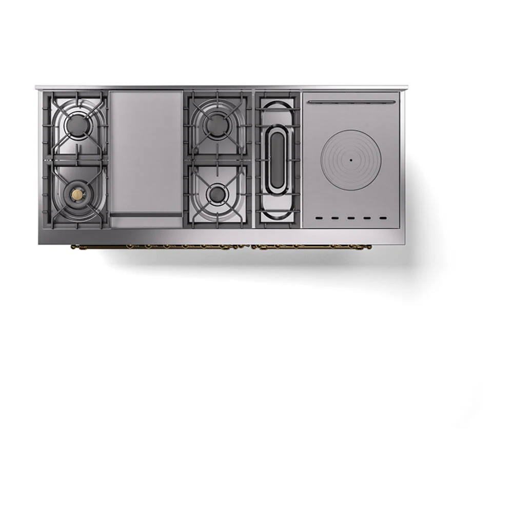 ILVE Nostalgie II 60-Inch Natural Gas Dual Fuel Range with 7 Burners, Griddle, & French Top with Solid Door Oven in Blue Grey with Brass Trim (UP60FSQNMPBGG) - Image 3