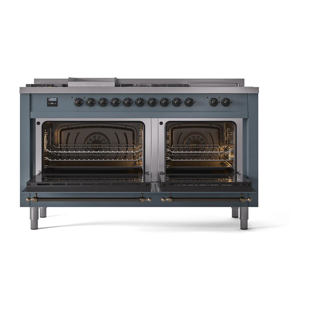 ILVE Nostalgie II 60-Inch Natural Gas Dual Fuel Range with 7 Burners, Griddle, & French Top with Solid Door Oven in Blue Grey with Bronze Trim (UP60FSQNMPBGB) - Image 2