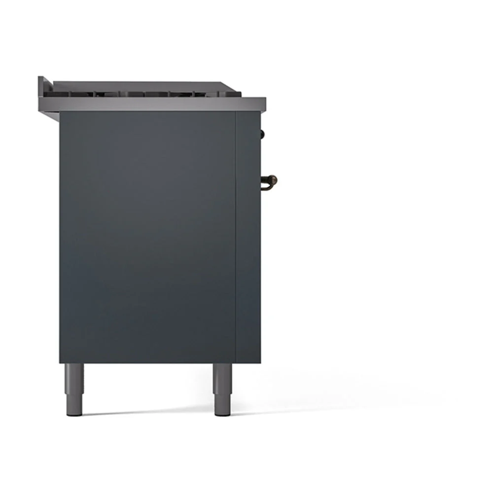 ILVE Nostalgie II 60-Inch Natural Gas Dual Fuel Range with 7 Burners, Griddle, & French Top with Solid Door Oven in Blue Grey with Bronze Trim (UP60FSQNMPBGB) - Image 4