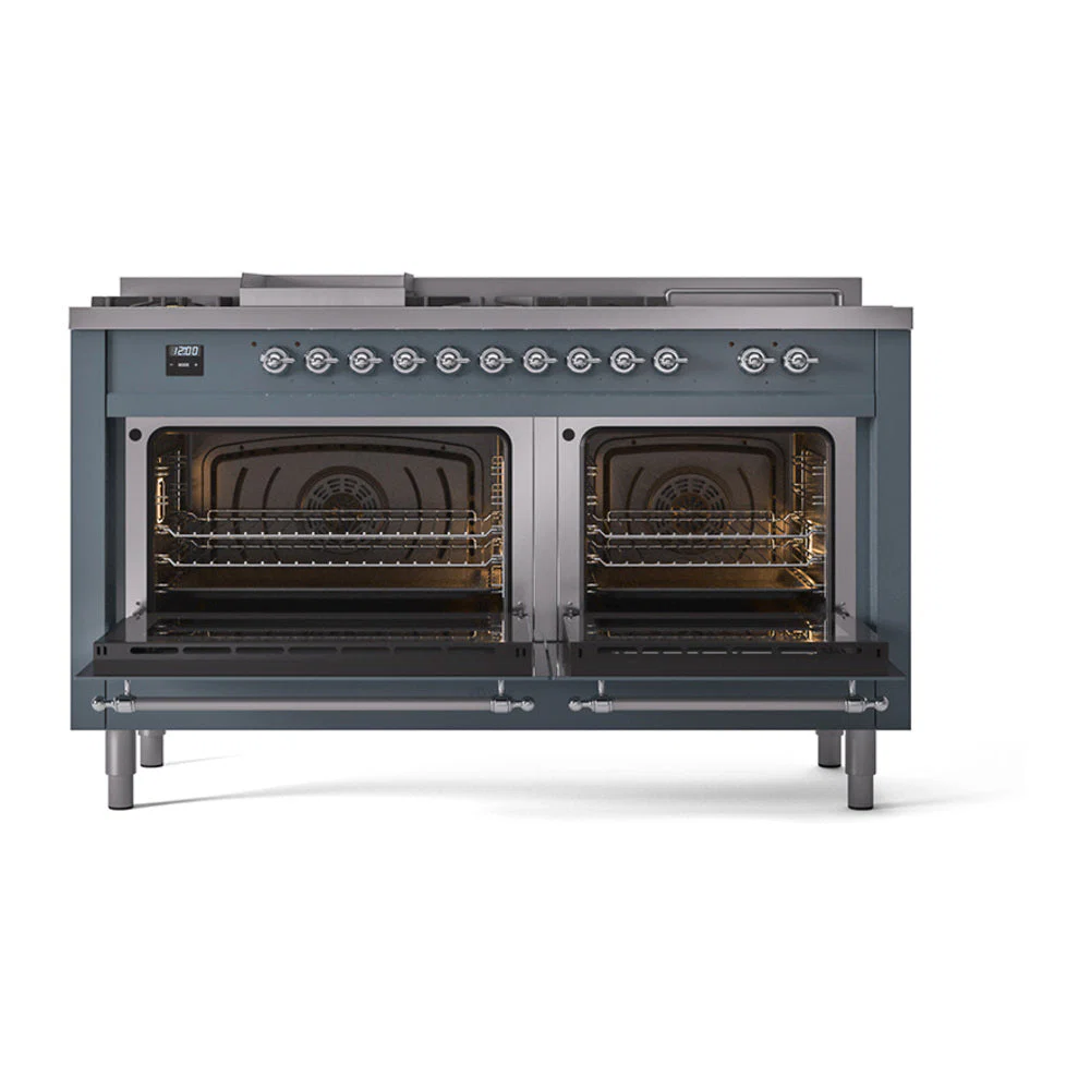 ILVE Nostalgie II 60-Inch Natural Gas Dual Fuel Range with 7 Burners, Griddle, & French Top with Solid Door Oven in Blue Grey with Chrome Trim (UP60FSQNMPBGC) - Image 2