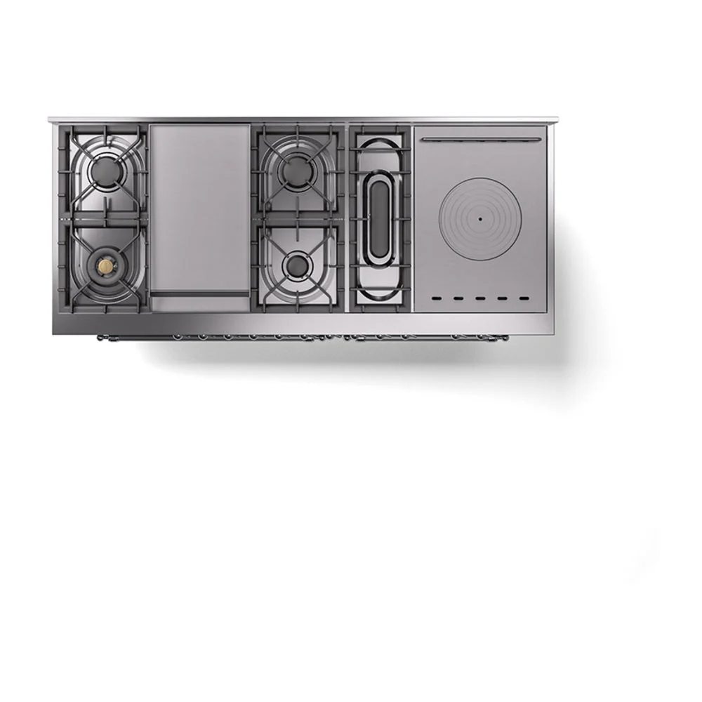 ILVE Nostalgie II 60-Inch Natural Gas Dual Fuel Range with 7 Burners, Griddle, & French Top with Solid Door Oven in Blue Grey with Chrome Trim (UP60FSQNMPBGC) - Image 3