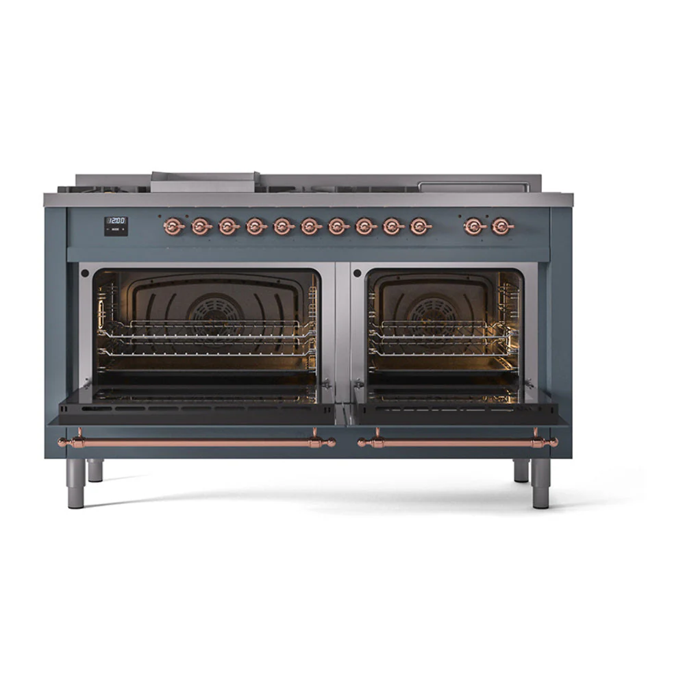 ILVE Nostalgie II 60-Inch Natural Gas Dual Fuel Range with 7 Burners, Griddle, & French Top with Solid Door Oven in Blue Grey with Copper Trim (UP60FSQNMPBGP) - Image 2