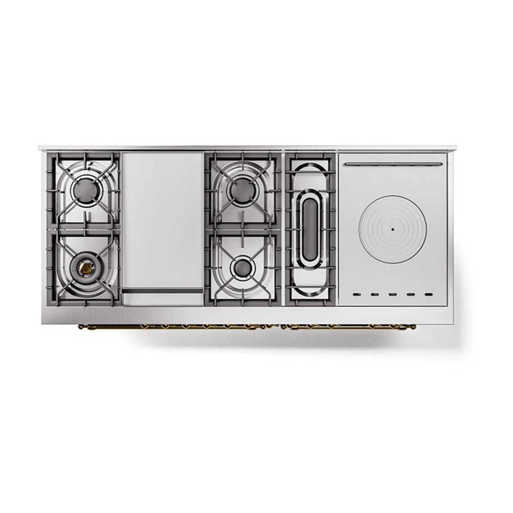 ILVE Nostalgie II 60-Inch Natural Gas Dual Fuel Range with 7 Burners, Griddle, & French Top with Solid Door Oven in Burgundy with Brass Trim (UP60FSQNMPBUG) - Image 3