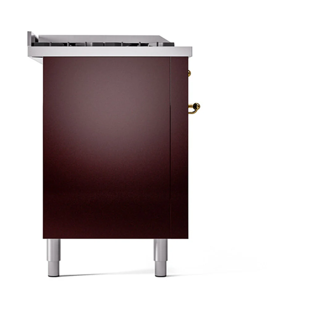 ILVE Nostalgie II 60-Inch Natural Gas Dual Fuel Range with 7 Burners, Griddle, & French Top with Solid Door Oven in Burgundy with Brass Trim (UP60FSQNMPBUG) - Image 4