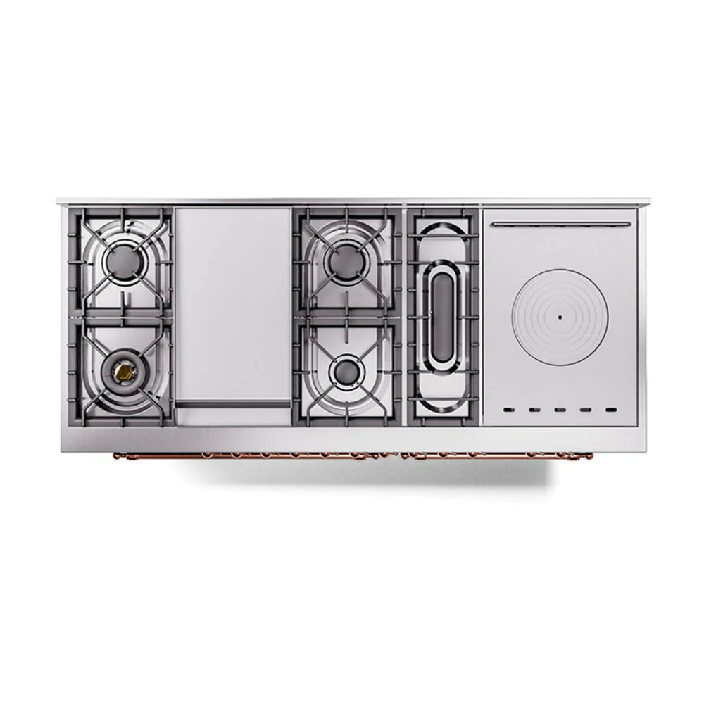 ILVE Nostalgie II 60-Inch Natural Gas Dual Fuel Range with 7 Burners, Griddle, & French Top with Solid Door Oven in Burgundy with Copper Trim (UP60FSQNMPBUP) - Image 3