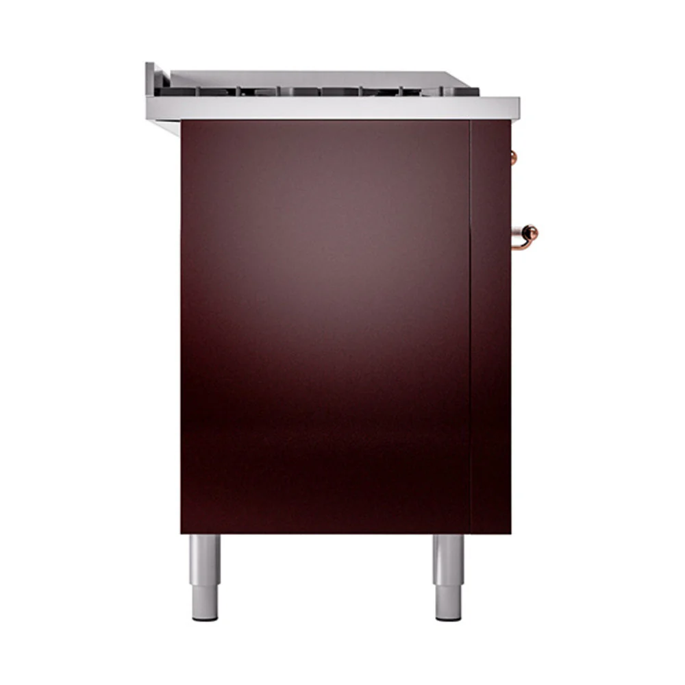 ILVE Nostalgie II 60-Inch Natural Gas Dual Fuel Range with 7 Burners, Griddle, & French Top with Solid Door Oven in Burgundy with Copper Trim (UP60FSQNMPBUP) - Image 4