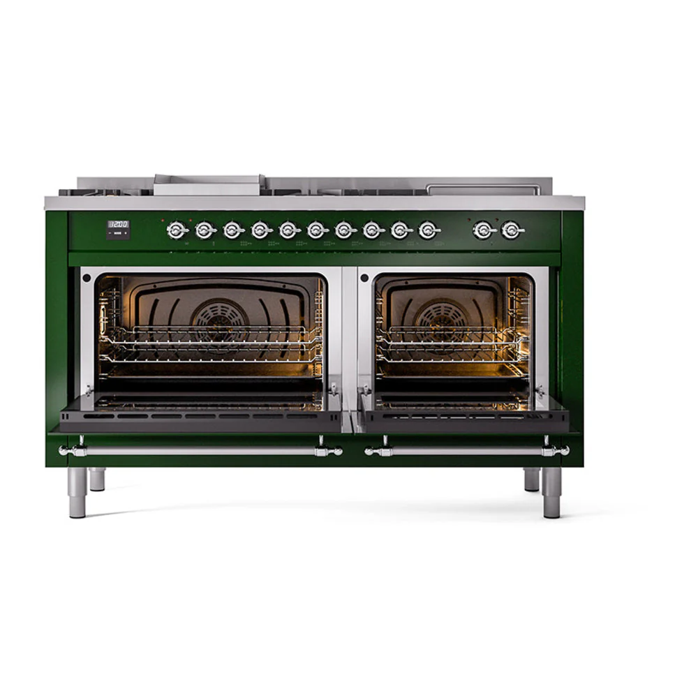 ILVE Nostalgie II 60-Inch Natural Gas Dual Fuel Range with 7 Burners, Griddle, & French Top with Solid Door Oven in Emerald Green with Chrome Trim (UP60FSQNMPEGC) - Image 2