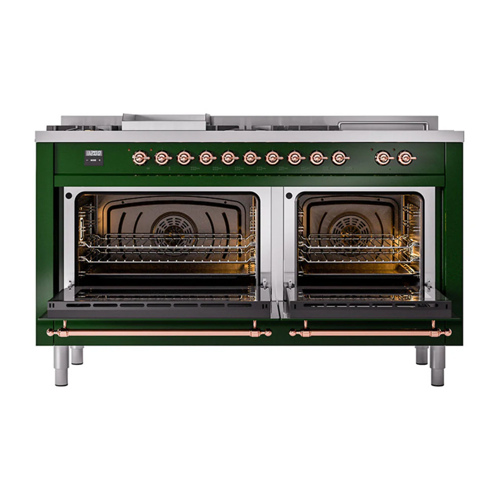 ILVE Nostalgie II 60-Inch Natural Gas Dual Fuel Range with 7 Burners, Griddle, & French Top with Solid Door Oven in Emerald Green with Copper Trim (UP60FSQNMPEGP) - Image 2