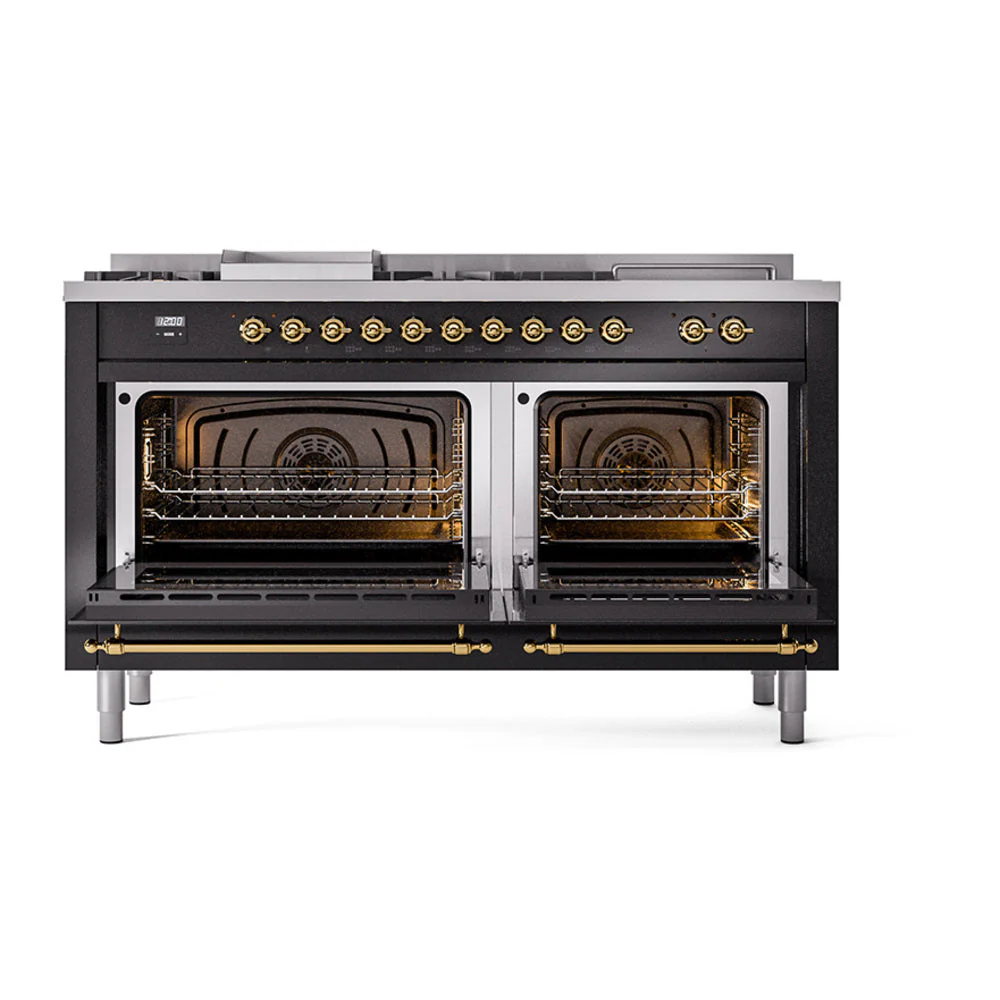 ILVE Nostalgie II 60-Inch Natural Gas Dual Fuel Range with 7 Burners, Griddle, & French Top with Solid Door Oven in Glossy Black with Brass Trim (UP60FSQNMPBKG) - Image 2