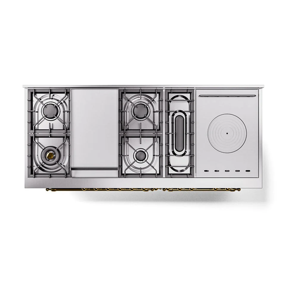 ILVE Nostalgie II 60-Inch Natural Gas Dual Fuel Range with 7 Burners, Griddle, & French Top with Solid Door Oven in Glossy Black with Brass Trim (UP60FSQNMPBKG) - Image 3