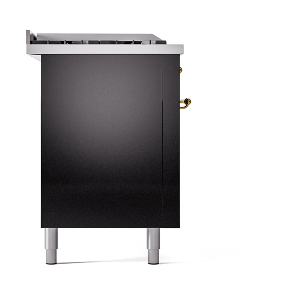 ILVE Nostalgie II 60-Inch Natural Gas Dual Fuel Range with 7 Burners, Griddle, & French Top with Solid Door Oven in Glossy Black with Brass Trim (UP60FSQNMPBKG) - Image 4