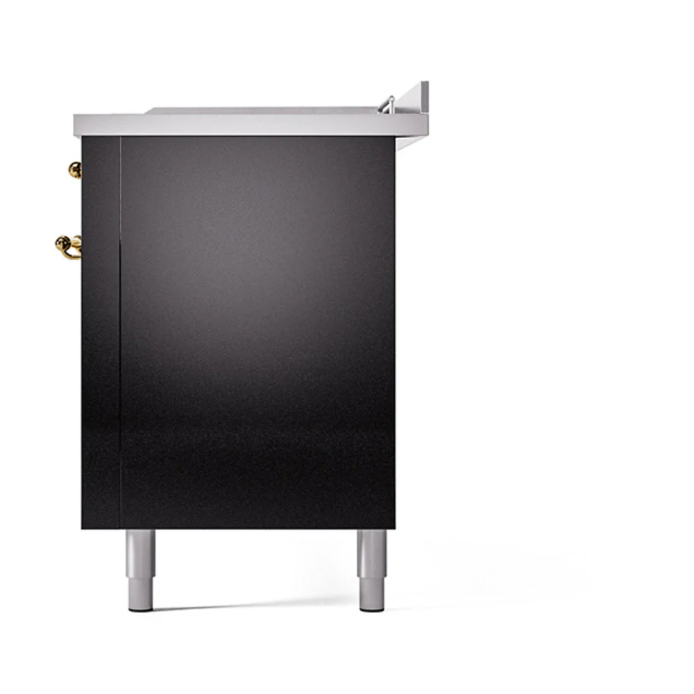 ILVE Nostalgie II 60-Inch Natural Gas Dual Fuel Range with 7 Burners, Griddle, & French Top with Solid Door Oven in Glossy Black with Brass Trim (UP60FSQNMPBKG) - Image 5