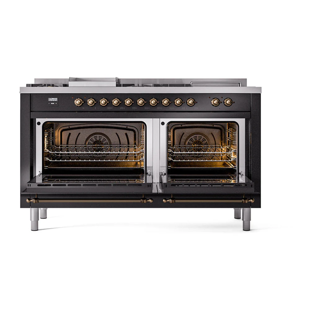 ILVE Nostalgie II 60-Inch Natural Gas Dual Fuel Range with 7 Burners, Griddle, & French Top with Solid Door Oven in Glossy Black with Bronze Trim (UP60FSQNMPBKB) - Image 2