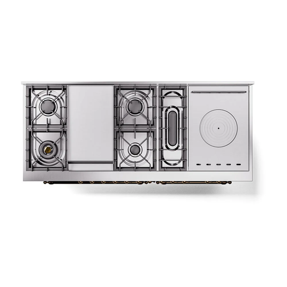 ILVE Nostalgie II 60-Inch Natural Gas Dual Fuel Range with 7 Burners, Griddle, & French Top with Solid Door Oven in Glossy Black with Bronze Trim (UP60FSQNMPBKB) - Image 3