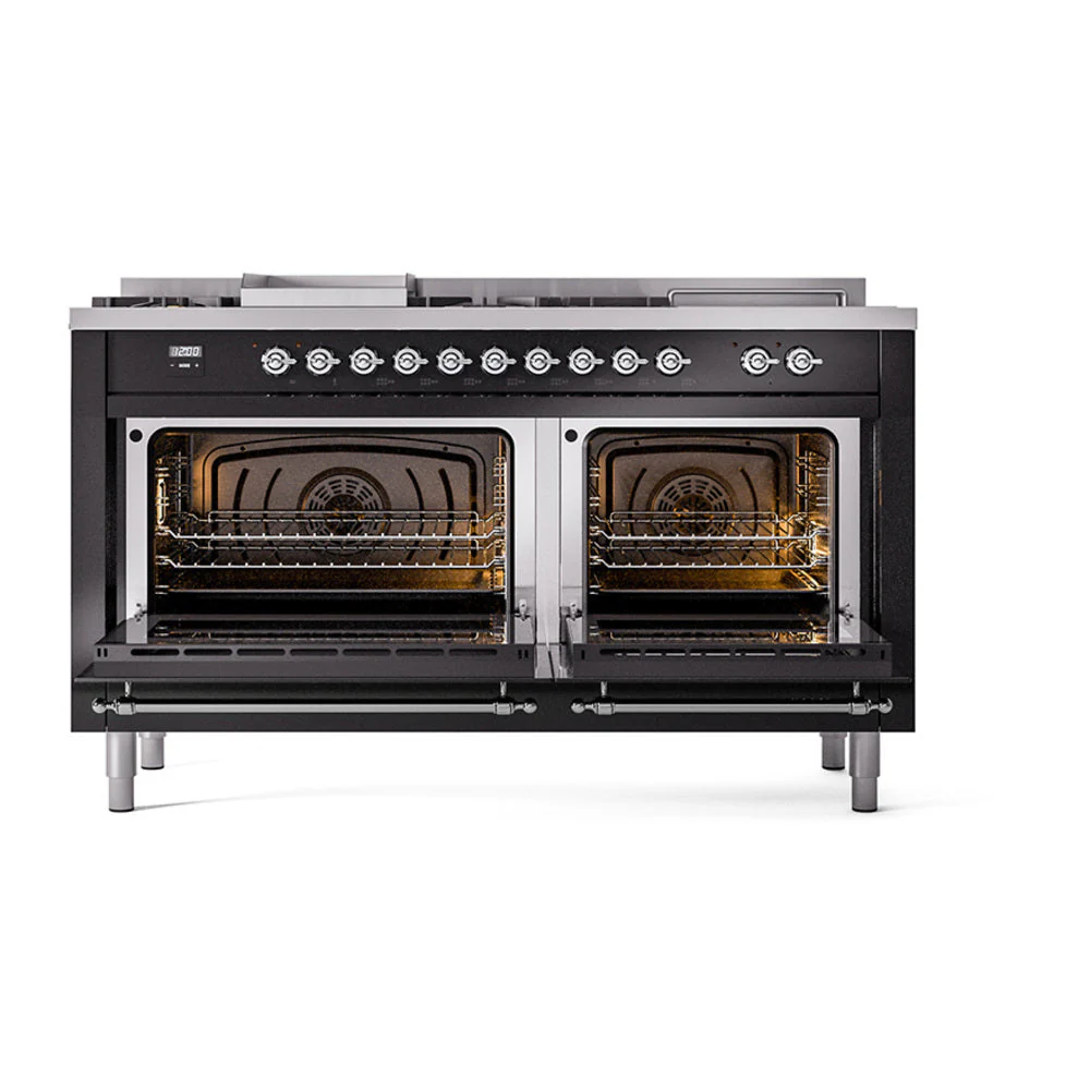 ILVE Nostalgie II 60-Inch Natural Gas Dual Fuel Range with 7 Burners, Griddle, & French Top with Solid Door Oven in Glossy Black with Chrome Trim (UP60FSQNMPBKC) - Image 2
