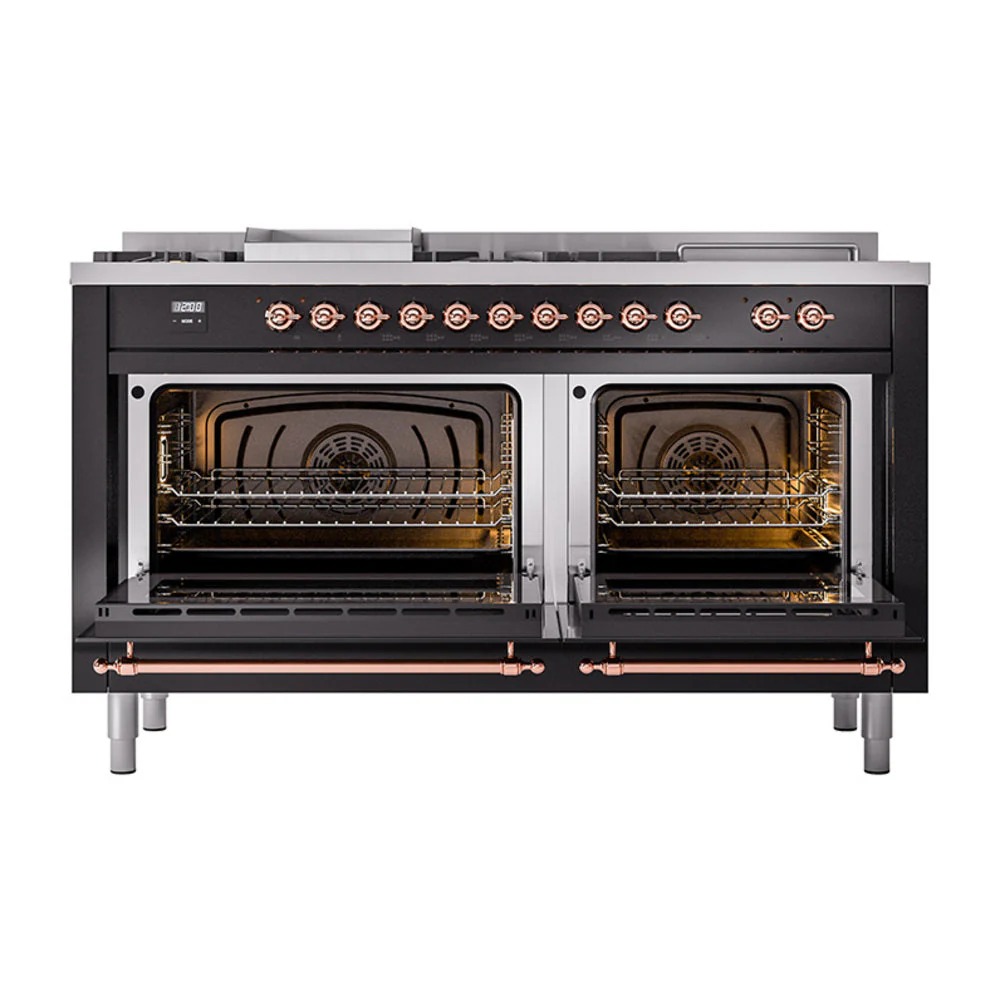 ILVE Nostalgie II 60-Inch Natural Gas Dual Fuel Range with 7 Burners, Griddle, & French Top with Solid Door Oven in Glossy Black with Copper Trim (UP60FSQNMPBKP) - Image 2