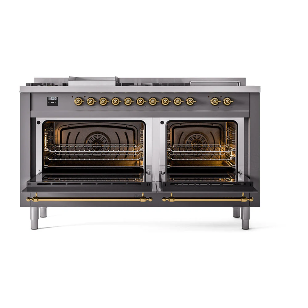 ILVE Nostalgie II 60-Inch Natural Gas Dual Fuel Range with 7 Burners, Griddle, & French Top with Solid Door Oven in Matte Graphite with Brass Trim (UP60FSQNMPMGG) - Image 2