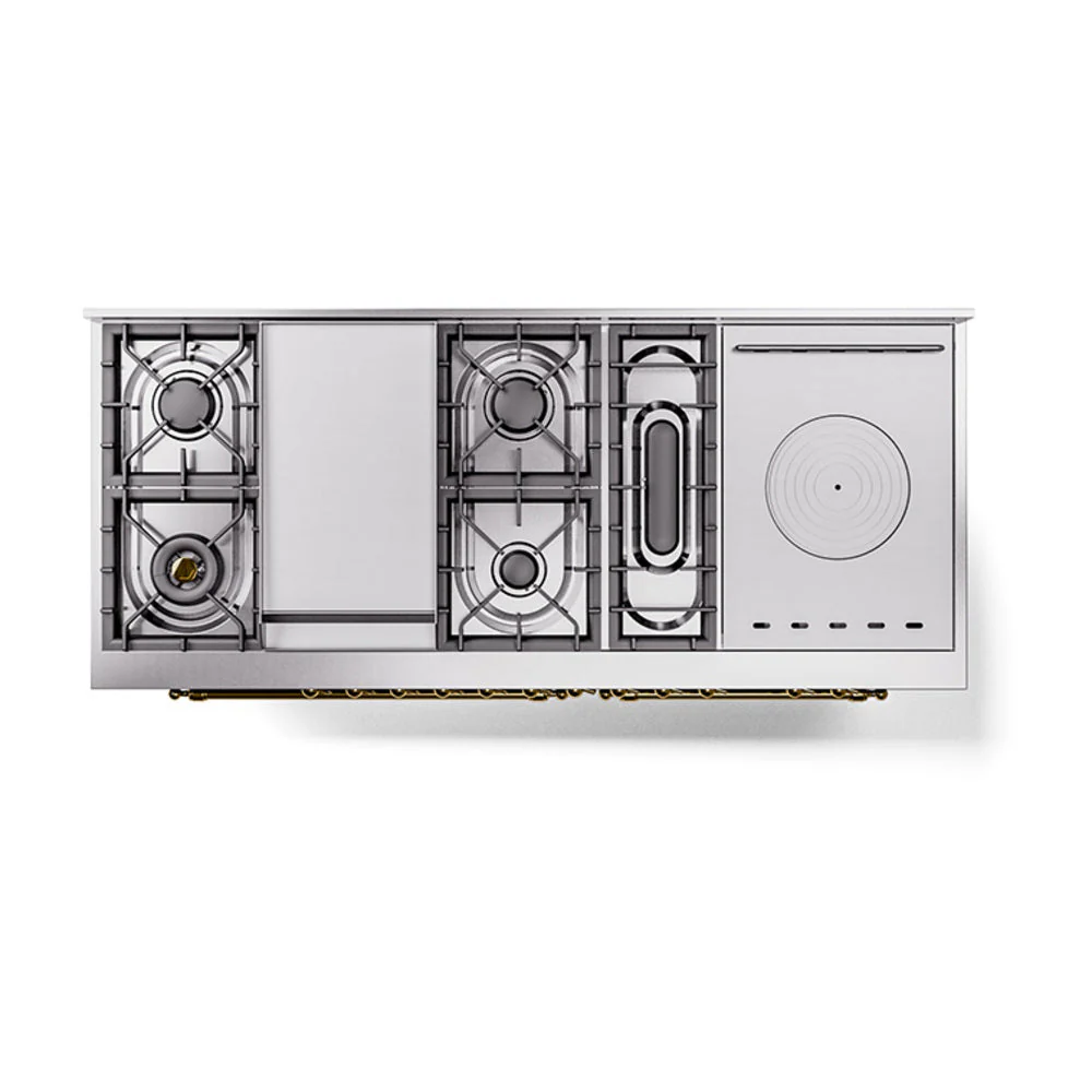 ILVE Nostalgie II 60-Inch Natural Gas Dual Fuel Range with 7 Burners, Griddle, & French Top with Solid Door Oven in Matte Graphite with Brass Trim (UP60FSQNMPMGG) - Image 3