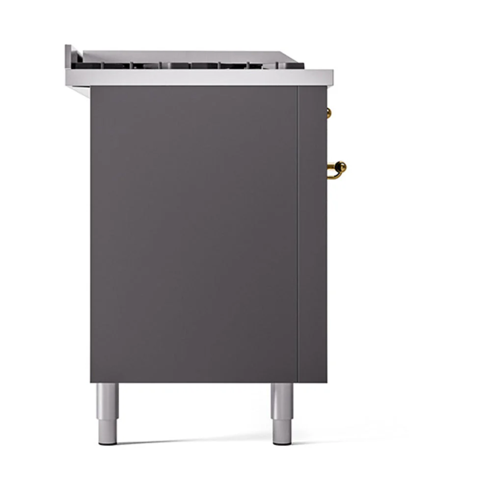 ILVE Nostalgie II 60-Inch Natural Gas Dual Fuel Range with 7 Burners, Griddle, & French Top with Solid Door Oven in Matte Graphite with Brass Trim (UP60FSQNMPMGG) - Image 4