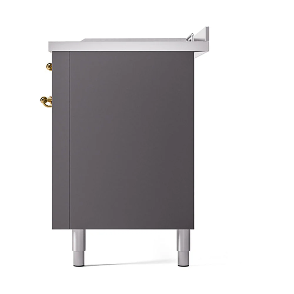 ILVE Nostalgie II 60-Inch Natural Gas Dual Fuel Range with 7 Burners, Griddle, & French Top with Solid Door Oven in Matte Graphite with Brass Trim (UP60FSQNMPMGG) - Image 5