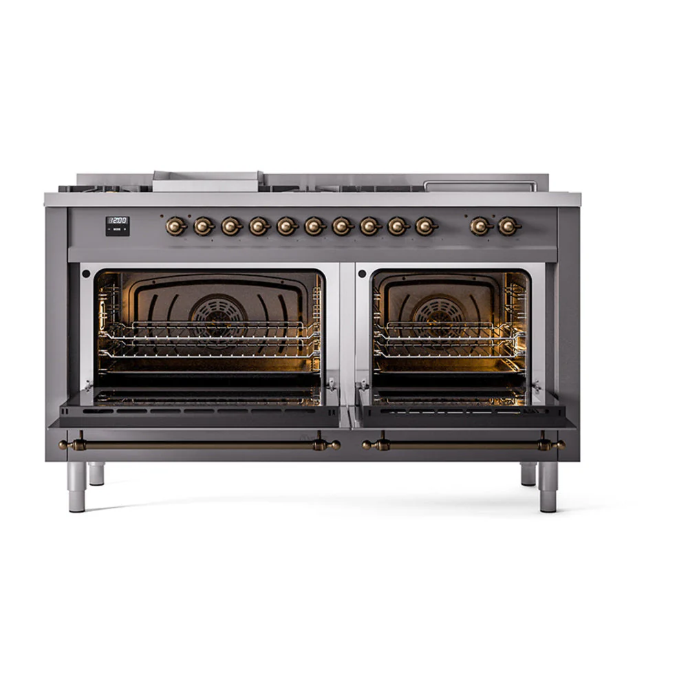 ILVE Nostalgie II 60-Inch Natural Gas Dual Fuel Range with 7 Burners, Griddle, & French Top with Solid Door Oven in Matte Graphite with Bronze Trim (UP60FSQNMPMGB) - Image 2
