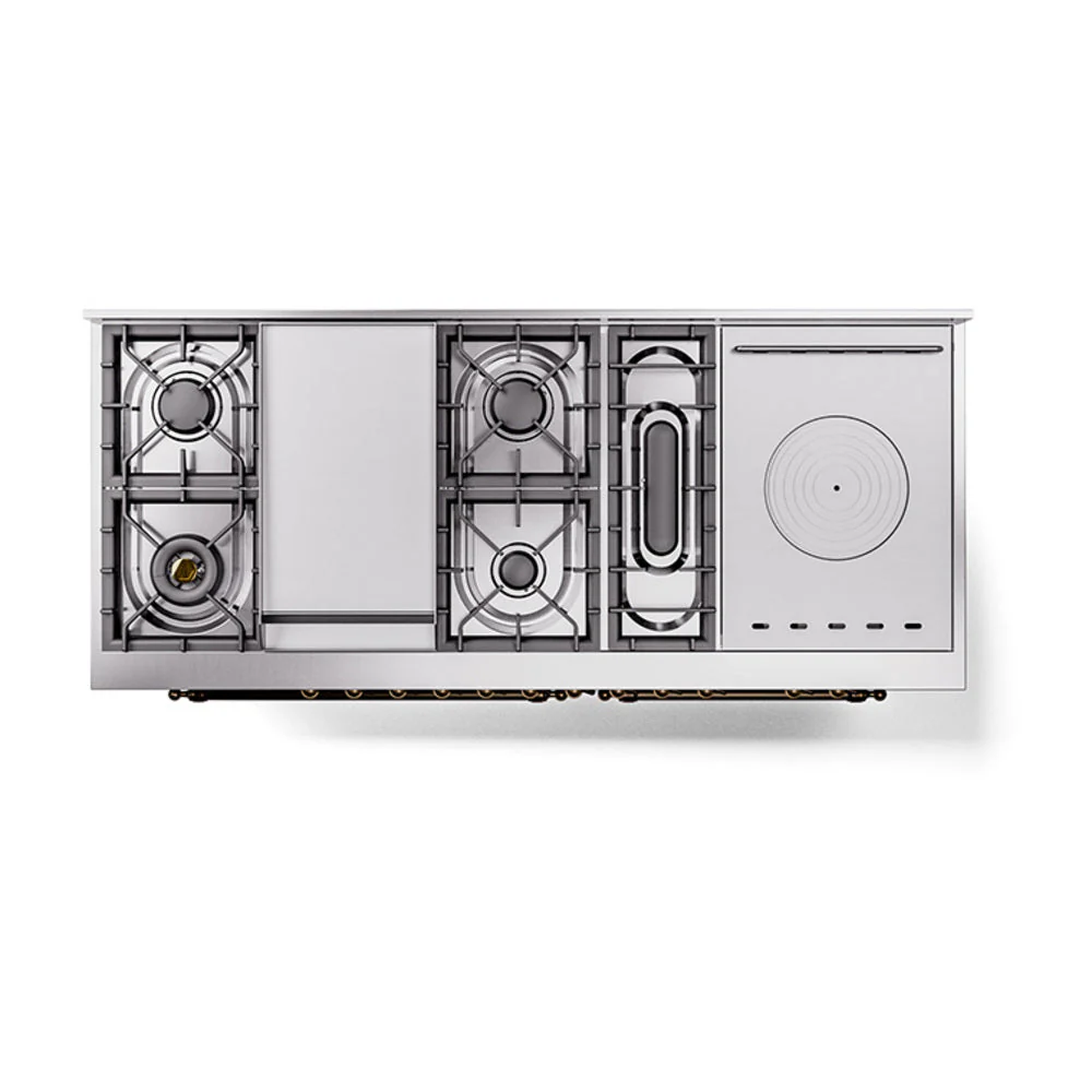 ILVE Nostalgie II 60-Inch Natural Gas Dual Fuel Range with 7 Burners, Griddle, & French Top with Solid Door Oven in Matte Graphite with Bronze Trim (UP60FSQNMPMGB) - Image 3