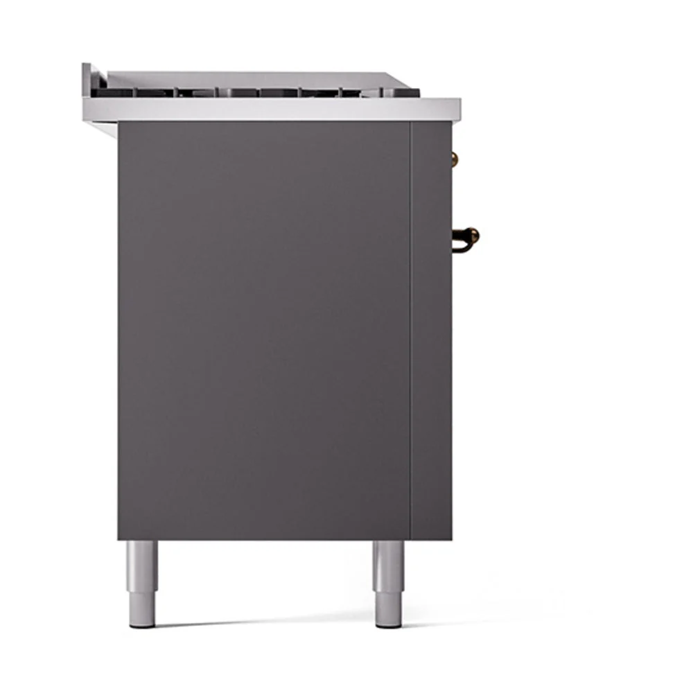 ILVE Nostalgie II 60-Inch Natural Gas Dual Fuel Range with 7 Burners, Griddle, & French Top with Solid Door Oven in Matte Graphite with Bronze Trim (UP60FSQNMPMGB) - Image 4