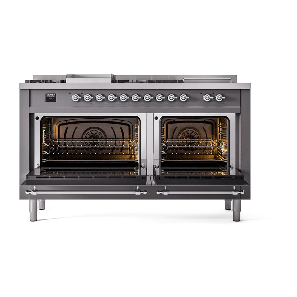 ILVE Nostalgie II 60-Inch Natural Gas Dual Fuel Range with 7 Burners, Griddle, & French Top with Solid Door Oven in Matte Graphite with Chrome Trim (UP60FSQNMPMGC) - Image 2