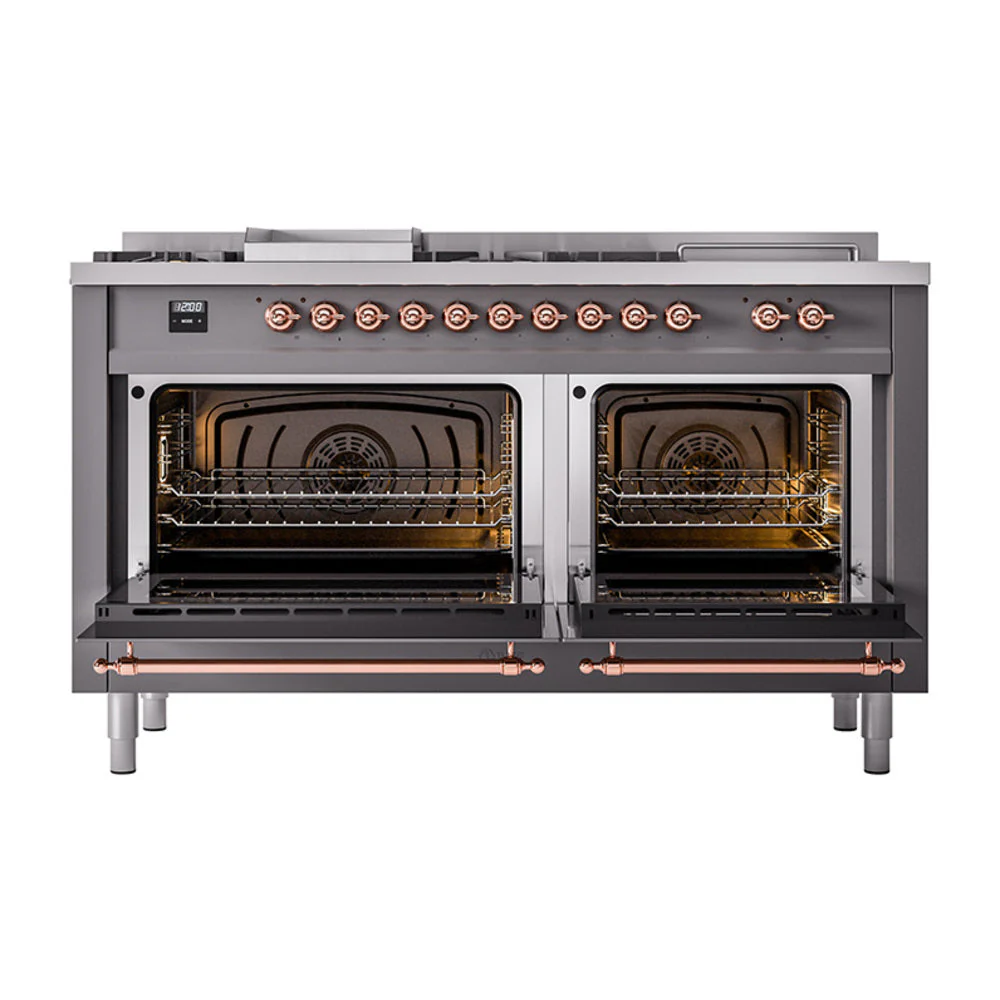 ILVE Nostalgie II 60-Inch Natural Gas Dual Fuel Range with 7 Burners, Griddle, & French Top with Solid Door Oven in Matte Graphite with Copper Trim (UP60FSQNMPMGP) - Image 2